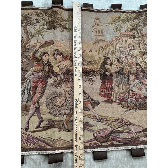 Vintage tapestry Spanish Woven Wall Art Made in Belgium Market Scene 57x20” - Picture 3 of 11